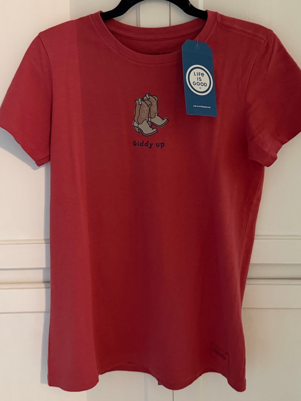 Life Is Good red cowboy boots giddy up tee